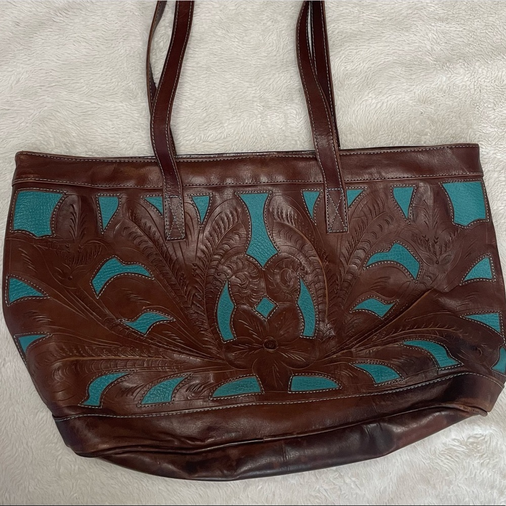 Leaders in Leather tooled brown turquoise leather tote bag with zipper closure